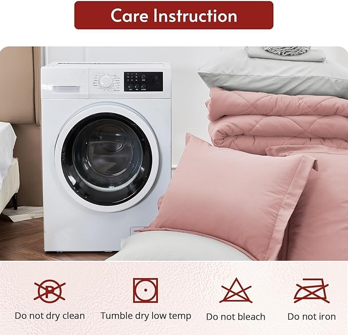 MUXHOMO 7 Pieces King Comforter Set, Reversible Bed in a Bag King Size, All Season Bedding Set with Comforter, Flat Sheet, Fitted Sheet, Pillowcases & Shams, Pink & Light Grey