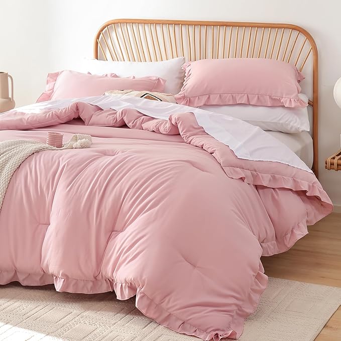 JANZAA Full Comforter Set Baby Pink Ruffle Comforter with 2 Pillowcase Soft Full Size Bed Set Vintage Farmhouse Bed Comforter Set Fluffy Shabby Chic Bedding for All Season