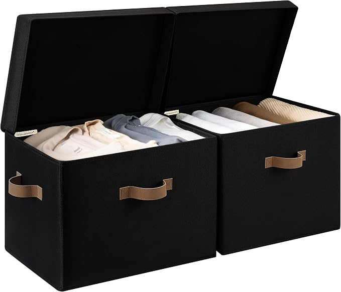 StorageWorks Fabric Storage Bins with Lid, Decorative Storage Boxes for Shelves, Stackable Closet Organizer Basket with Handles, Jumbo, Black, 2-Pack by StorageWorks