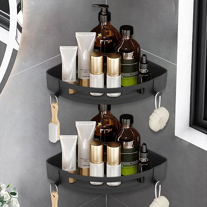 NearMoon Bathroom Corner Shelf Shower Caddy 2 Pack, No Drill 304 Stainless Steel Shower Organizer with 2 Hooks (Matte Black) - Image 6