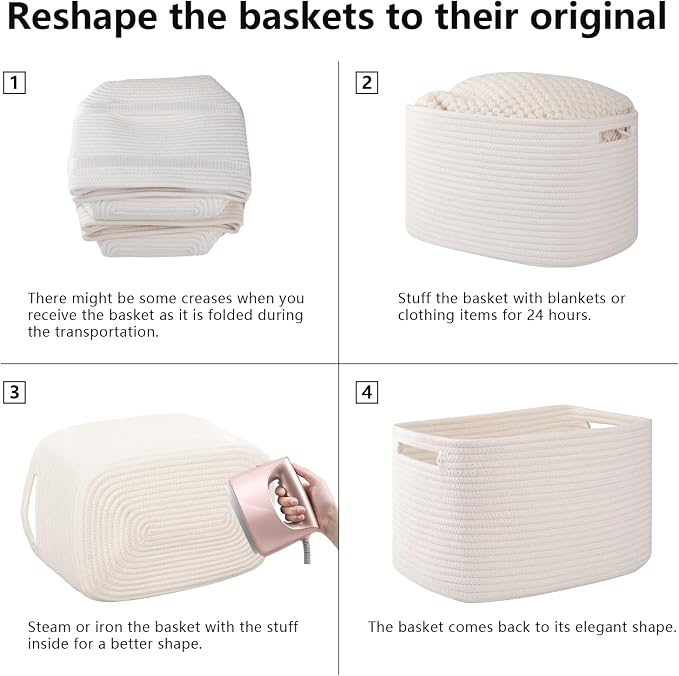 OIAHOMY 4 Pack Storage Baskets for Organizing, Cube Storage Bins for Shelves, Rectangle Storage Baskets With Handles, Woven Baskets for Storage, 16''Lx12''Wx8''H, White - Image 7