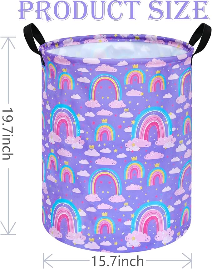 Collapsible Kids Laundry Basket Clothes Hamper, Foldable Storage Organizer Bin, Toy Clothes Storage with Handles for Boys Girls Bedroom, Room Decor Purple Rainbown - Image 2