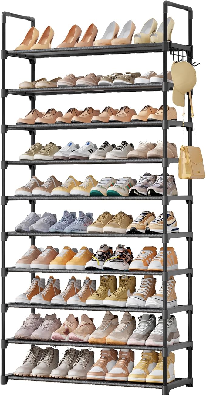 Kitsure Shoe Rack for Closet - 10-Tier Shoe Organizer with Hook Rack, Large-Capacity & Space-Saving Shoe Shelf for Entryway, Bedroom, Living Room,32.2" x 11.8" x 68.5", Black by Kitsure