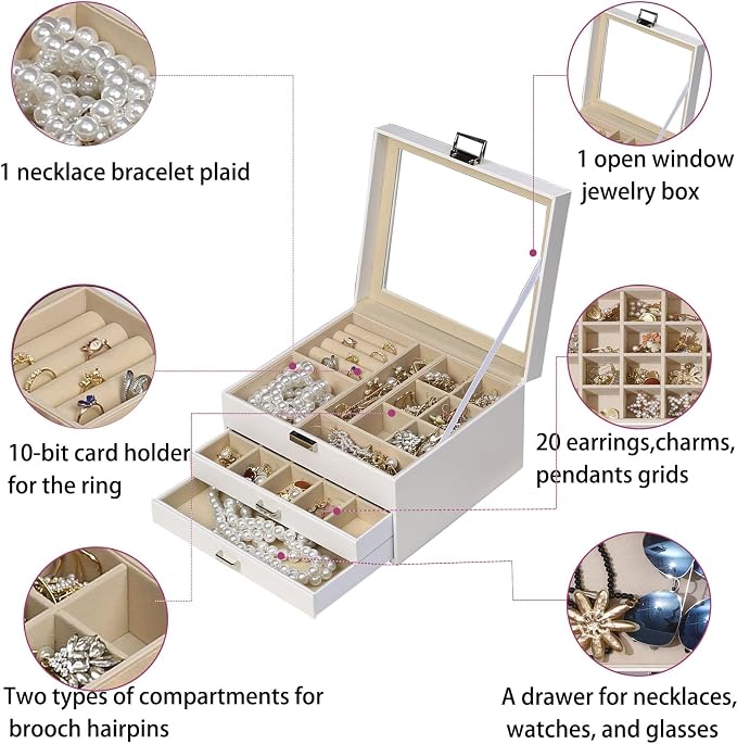 BOOVO Clear Lid Jewelry Box,3 Layers Jewelry Organizer Large Multi-Functional Jewelry Storage Box with 2 Drawers,Jewelry Display Case of Rings Earrings Necklace Bracelets for Women Girls (White) - Image 3
