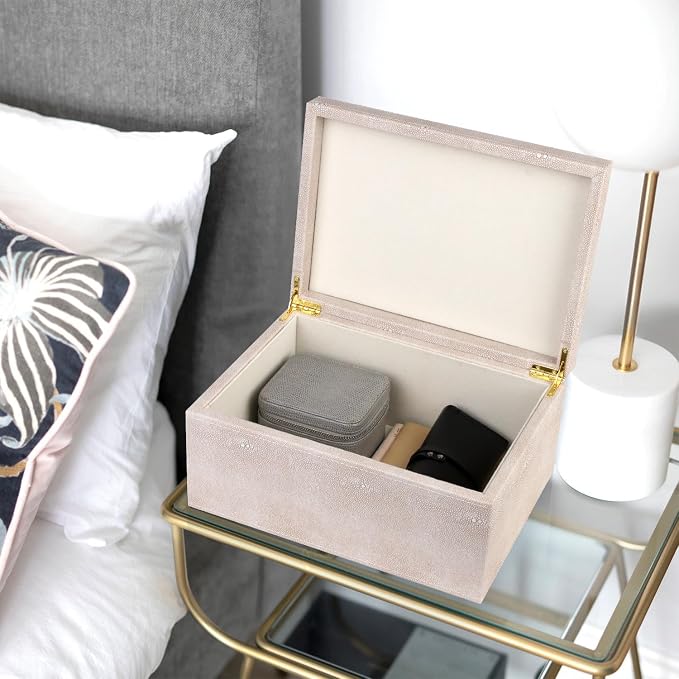 HofferRuffer Faux Leather Decorative Box, Large Wooden Structure Keepsake Box Accessory Organizer Jewelry Organizer with Hinged Lid, Storage Container for Home or Office (LightGrey Shagreen) - Image 5