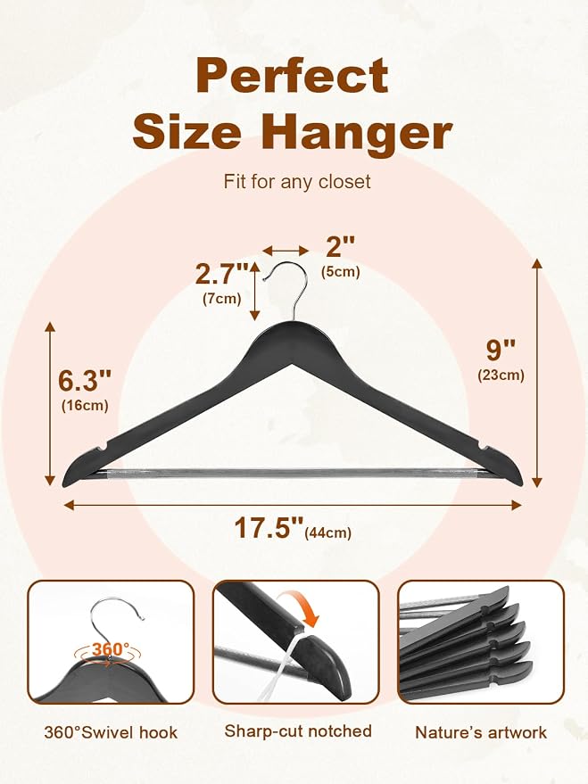 HOUSE DAY Black Wooden Hangers 10 Pack, Solid Wood Hanger with Non Slip Pant Bar, Heavy Duty Wooden Coat Hanger for Closet, Smooth Finish Wood Clothes Hangers for Shirts, Suits, Jackets, Dress - Image 8