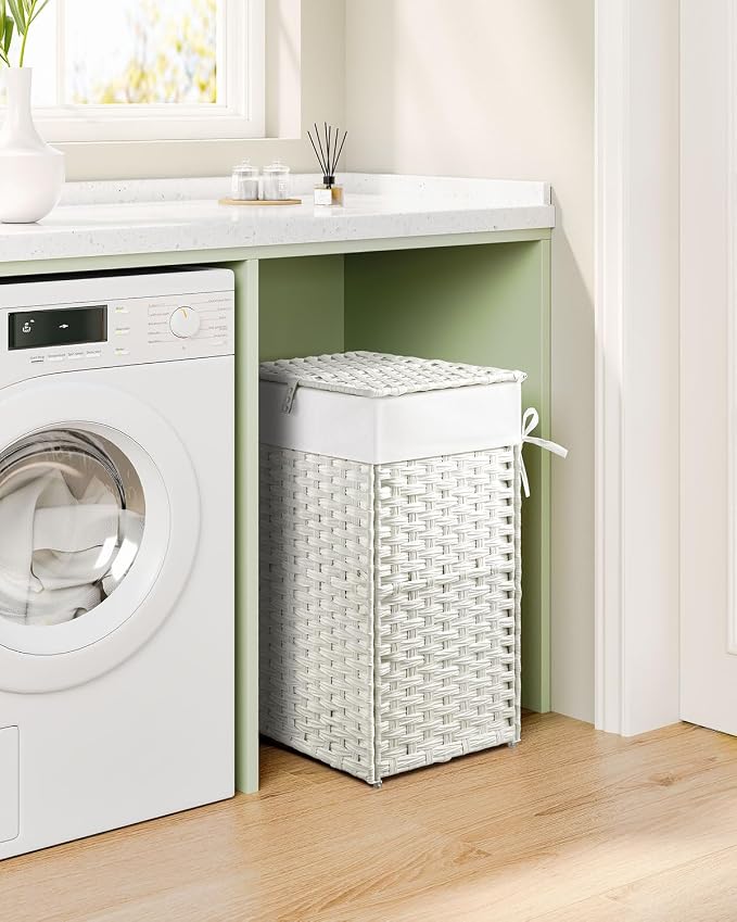 Greenstell Laundry Hamper with Lid, 60L Clothes Hamper with 2 Removable Liner Bags & 2 Mesh Bags, Handwoven Synthetic Rattan Basket, Toys in Bathroom, Bedroom White - Image 8