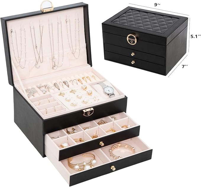 GUOER Jewelry Box for Women Girl Wife 3 Layers Large PU Leather Jewelry Organizer Storage Case with Two drawers Display for Earrings Bracelets Rings Watches (Black) - Image 3