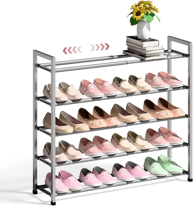 Bumusty 5-Tier Expandable Shoe Rack for Closet, 18“-33” Adjustable Shoe Rack for Small Space, Small Shoe Organizer for Front Door, Sturdy Metal, Light Grey by BUMUSTY