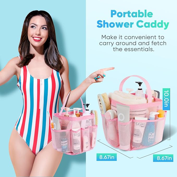 EUDELE 2 Pack Mesh Shower Caddy Portable for College Dorm Room Essentials, Shower Caddy Dorm with 8-Pocket Large Capacity,Shower Bag for Beach,Swimming,Gym All Black+All Pink - Image 4