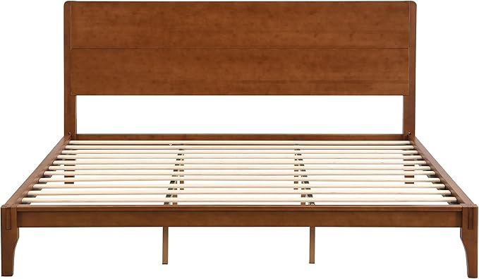 Merax King Size Bamboo Platform Bed, Mid-Century Modern Bed Frame with Tall Headboard, Solid Sustainable Bedframe King-Size, Wood Slat Support, No Box Spring Needed, Easy Assembly, Noise Free, Brown