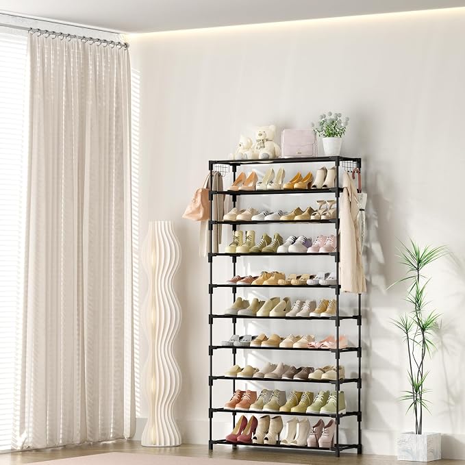 LANTEFUL 10 Tiers Shoe Rack 50 Pairs Large Capacity Tall Shoe Organizer Sturdy Shoe Storage with Two Hooks Space Saving Metal Wide Shoe Rack for Closet, Entryway, Bedroom, Black - Image 7