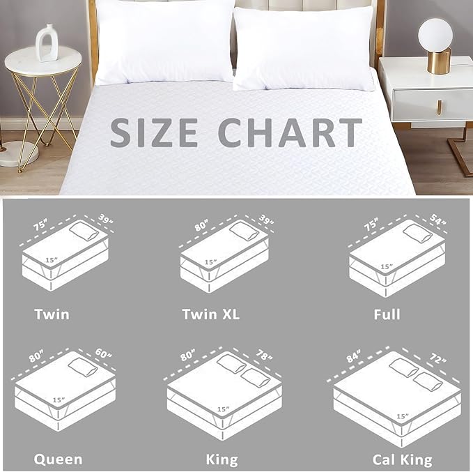 Quilted Mattress Protector Waterproof Mattress Pad, Breathable, Noiseless, Washable Mattress Cover (White, Full)