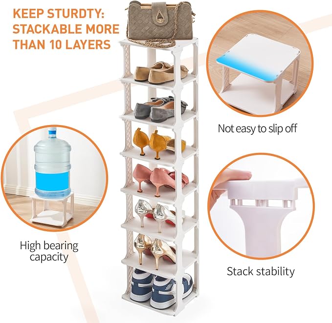 5 Tiers Shoe Rack Organizer for Closet Shoe Holder Storage Narrow Plastic Vertical, Free Standing Shoe Rack Shelf for Entryway Stackable Stability DIY, Beige - Image 3