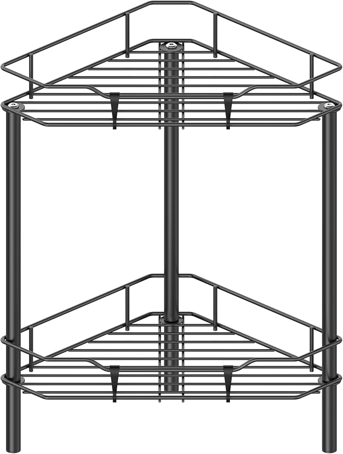 HuggieGems 2 Tier Floor Standing Corner Shower Caddy Organizer Shelf with Hooks, Bathroom Shelves Stand Rack, Black by HuggieGems