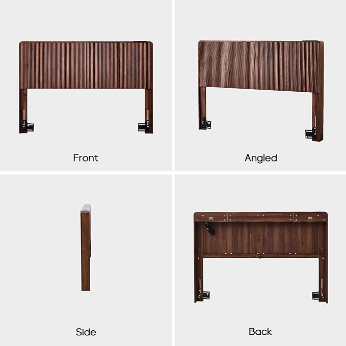 AVZEAR Fluted Headboard Queen Size, Modern Wood Queen Headboard Only, Mid Wall Mounted Headboard with 2 Outlets and USB & Type C Port, Century Curved Wooden Bed Headboards Bedroom Decor, Walnut