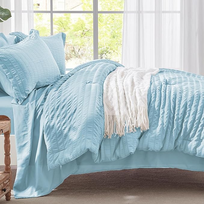 Zzlpp Twin Comforter Set 5 Pieces, Light Blue Seersucker Bed in a Bag with Comforter and Pillowcase, All Season Bedding Sets with 1 Comforter, 1 Pillow Sham, 1 Flat Sheet, 1 Fitted Sheet