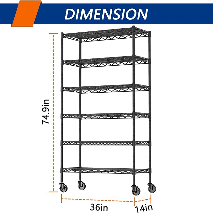 Soywey 6-Shelf Adjustable Heavy Duty Storage Shelving Unit, Metal Organizer Wire Rack for Laundry Bathroom Kitchen Pantry Closet with Wheels, Black - Image 3