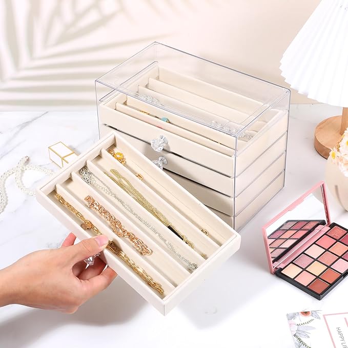 5-Drawer Necklace Organizer Box with Clear Acrylic & Velvet Lining, Beige Necklace Storage Box for Chains, Pendants, Stackable Dustproof Jewelry Holder(9.25 x 5.9 x 6.69 in) - Image 5