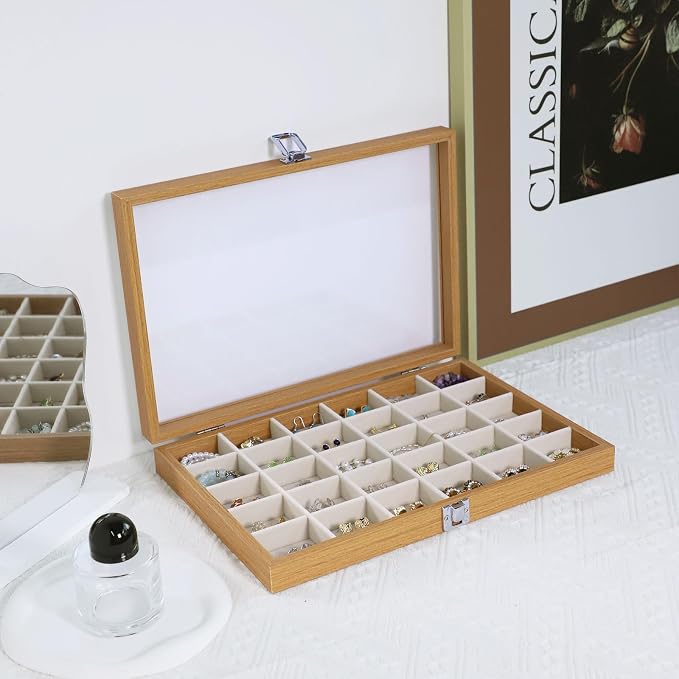 Stratalife Jewelry Organizer Wooden Bracelet Jewelry Box 30 Grid Jewelry Tray with Lid Earring Holder Organizer Necklace Bracelet Bangle Ring Organizer for Women Vintage Jewelry Box - Image 6