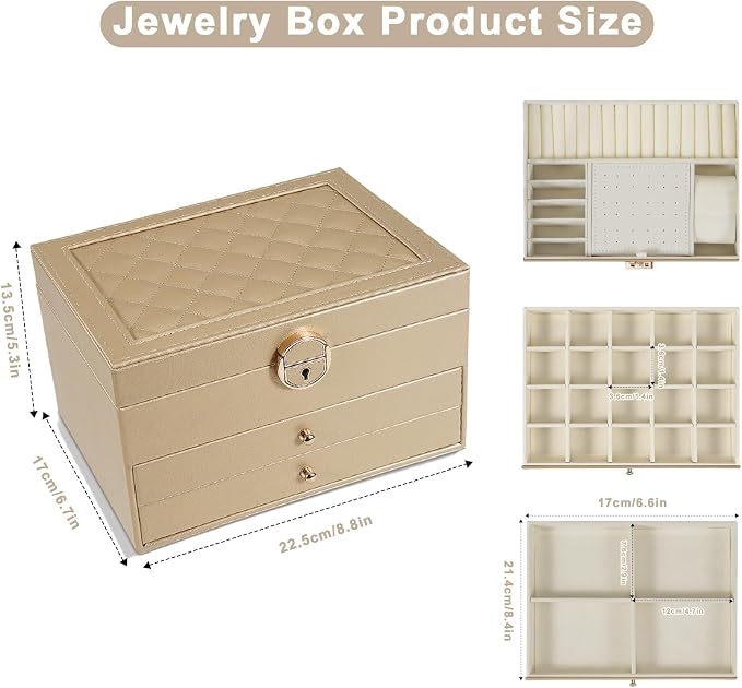 GUOER Jewelry Box for Women Girl Wife 3 Layers Large PU Leather Jewelry Organizer Storage Case with Two drawers Display for Earrings Bracelets Rings Watches (Champagne) - Image 3