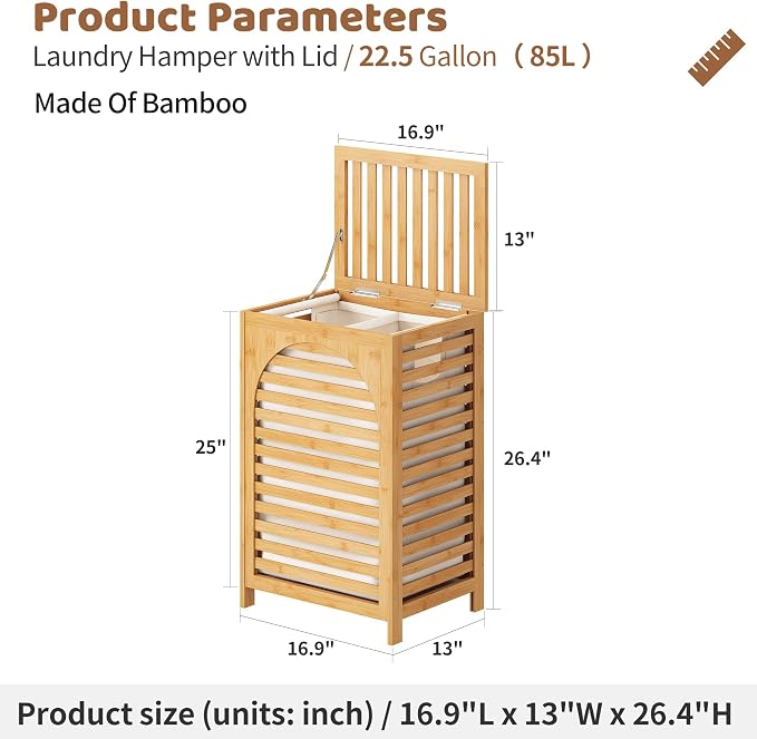 FILWH Laundry Hamper with Lid (16.9 * 13 * 26.5inches) Large Bamboo Laundry Bin Basket 85L Clothes Hamper with 1 Removable Bag Storage baskets for Bathroom(Natural) - Image 2