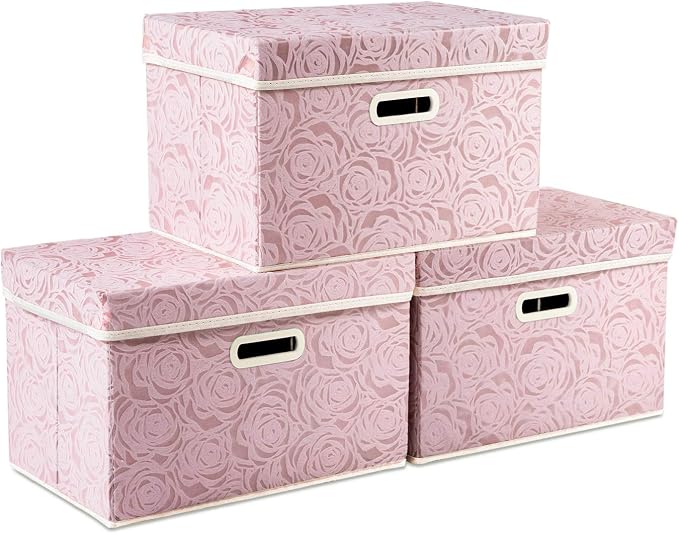 PRANDOM Collapsible Storage Boxes with Lids Fabric Decorative Storage Bins Cubes Organizer Containers Baskets with Cover Handles Divider for Bedroom Closet Living Room 14.9x9.8x9.8 Inch 3 Pack by Prandom