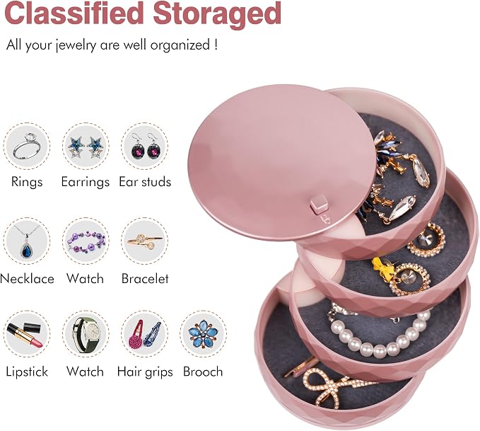 CONBOLA Travel Jewelry Case Box, Small Jewelry Organizer Earring Holder for Women, 5-Layer Rotating Jewelry Storage Tray with Lid for Bracelets Rings Bracelets - Image 4