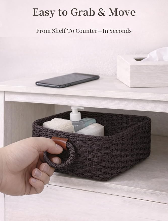 Storage Basket, Recycled Paper Rope Basket Organizer, 3Pcs Small Baskets for Organizing, Mini wicker Basket for Decorative Storage Bins, Shelves, Cabinet - Dark Brown - Image 5