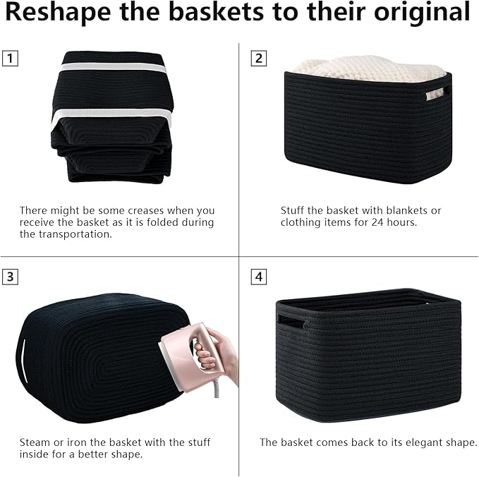 OIAHOMY 4 Pack Storage Baskets for Organizing, Cube Storage Bins for Shelves, Rectangle Storage Baskets With Handles, Woven Baskets for Storage, 16''Lx12''Wx8''H, Black - Image 7
