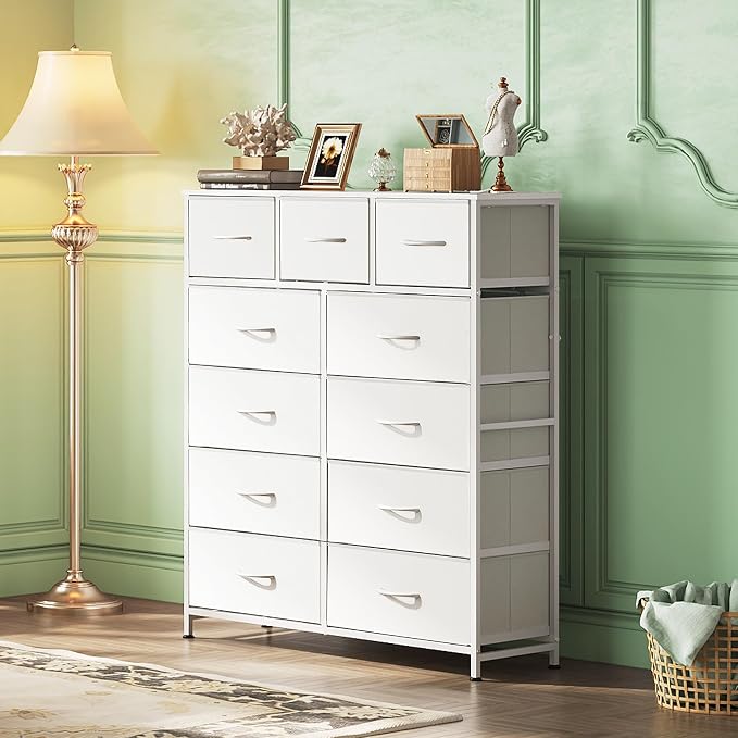 WLIVE Tall Dresser for Bedroom, Fabric Dressers Storage Tower, Dresser & Chest of Drawers Organizer Unit with 11 Drawers, Storage Cabinet, Hallway, Closets, Steel Frame, Wood Top, White - Image 4