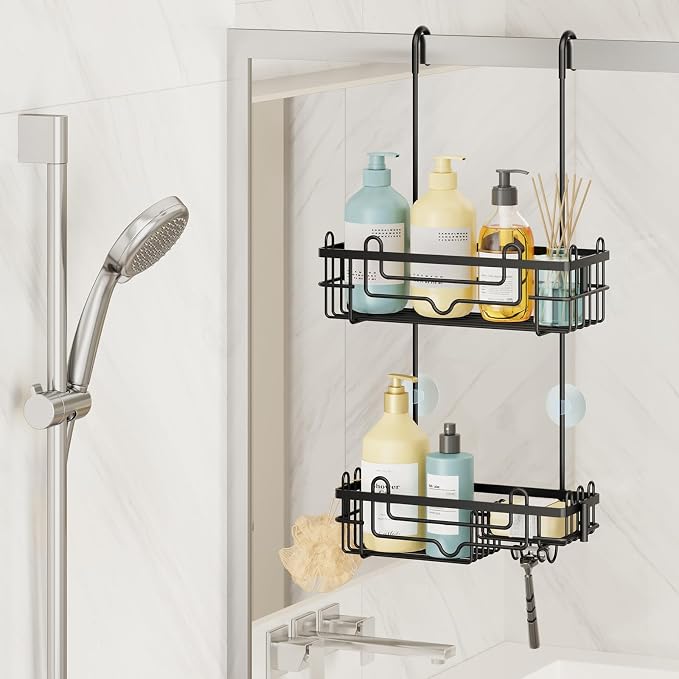 Consumest Over the Door Shower Caddy - 2-Tier Hanging Shower Organizer with Soap Holder, Rustproof Bathroom Storage and Organizer Rack for Shampoo, Towels, and Toiletries, Black - Image 8