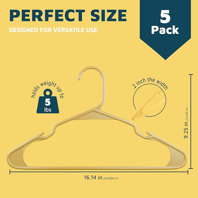Lifemaster Plastic Clothes Hangers – Heavy Duty Hanger Set, for Organizing Clothes, Dresses, and Coat, Holds Up to 5 lbs, Space-Saving Hangers with Non-Slip Shoulder Grooves, Pack of 5, Yellow - Image 2