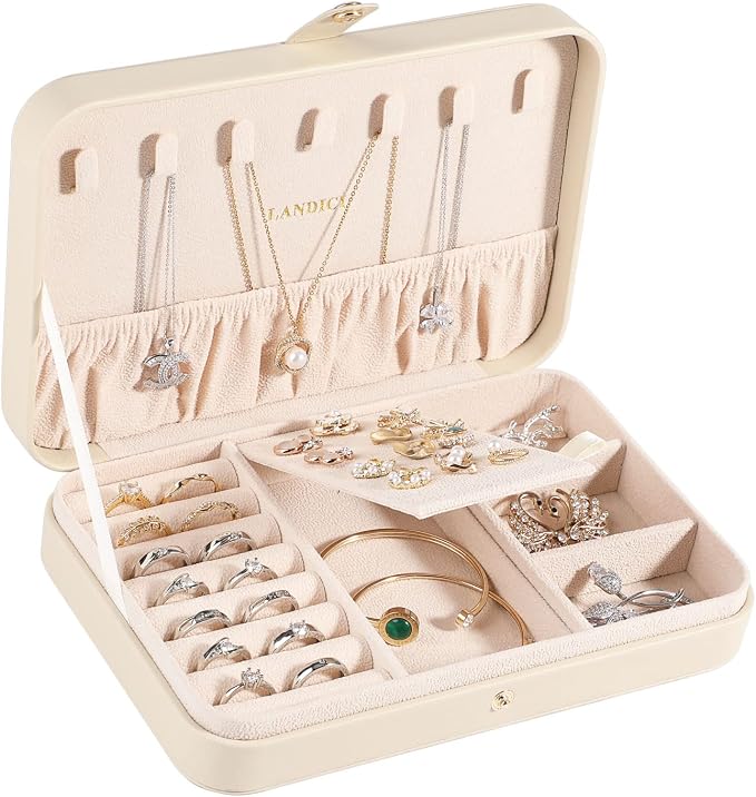 LANDICI Small Jewelry Box for Women Girls, PU Leather Travel Jewelry Case, Portable Jewelry Organizer Storage Holder Display for Ring Earrings Necklace Bracelet Brooch Men Kids Gift, Apricot by LANDICI