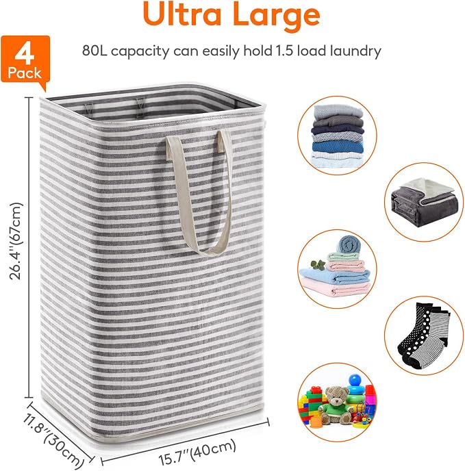 Lifewit 4 Pack Laundry Basket 80L Each, Collapsible Clothes Hamper with Reinforced Handles, Freestanding Waterproof Design for Bedroom and Laundry Room, Black 320L Total - Image 3