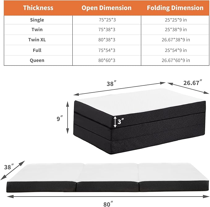 Sweetcrispy Tri-Fold Memory Foam Mattress with Collapsible and Washable Cover, Portable Floor Bed with CertiPUR-US Certified, for Travel & Yoga, Guest Mat