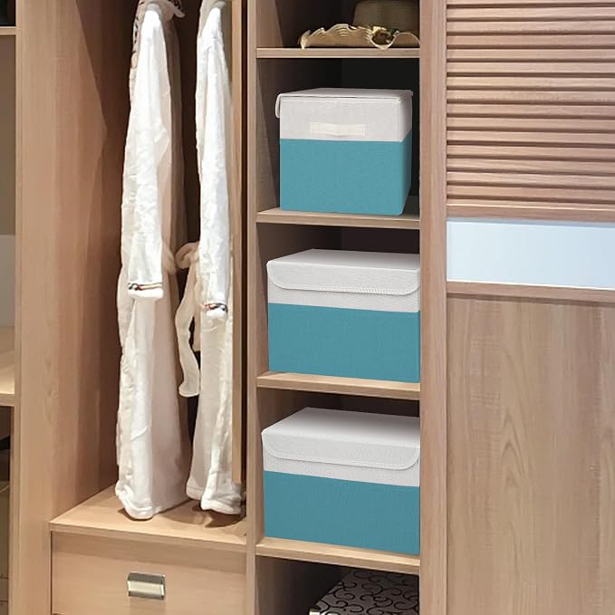 Large 17" 42 Quarts Collapsible Stackable Storage Bins with Lids [3-Pack] Foldable Fabric Linen Storage Boxes Cube, Closet Organizer Baskets with Label for Home (16.7 x 12 x 12", Teal & White) - Image 6