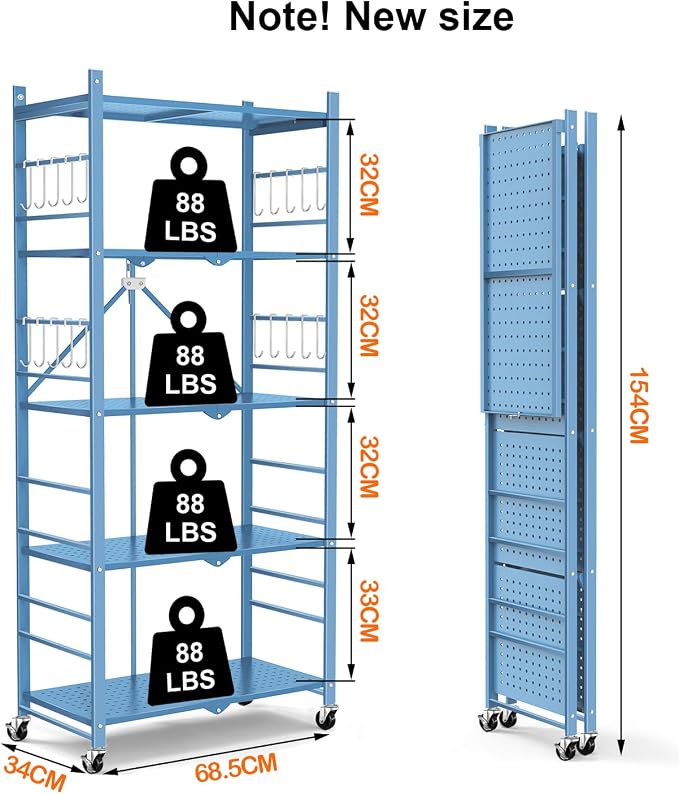 Himix Storage Shelves with 20 Hooks, 5-Tier Foldable Shelf for Storage, Folding Shelf Unit Pantry Shelves with Wheels, Standing Shelving Unit for Kitchen Garage Home Office Room Greenhouse, Blue - Image 3