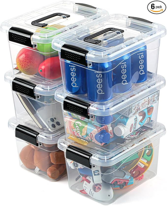 Plastic Storage Bins with Lids 6 Packs, 7 Quart Storage Organizer Bins with Buckle-Up Latches and Handle, Stackable Storage Containers for Home Pantry Office Classroom Organization, Clear