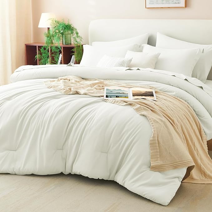 CozyLux Full Size Comforter Sets Ivory, 7 Pieces Bed in a Bag Full Comforter Set with Sheets, Luxury Soft Bedding Set with Down Alternative Comforter, Fitted Sheet, Flat Sheet, Pillowcases & Shams