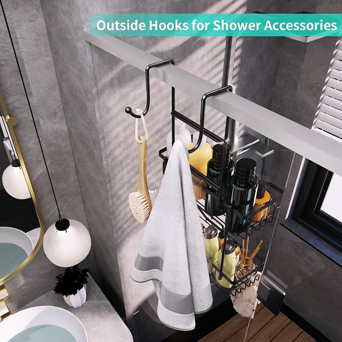 HapiRm Hanging Shower Caddy Over the Door with Soap Holder, No Drilling Adhesive Shower Organizer with 11 Hooks, Rustproof & Waterproof 304 Stainless Steel Bathroom Shelves - Black - Image 6