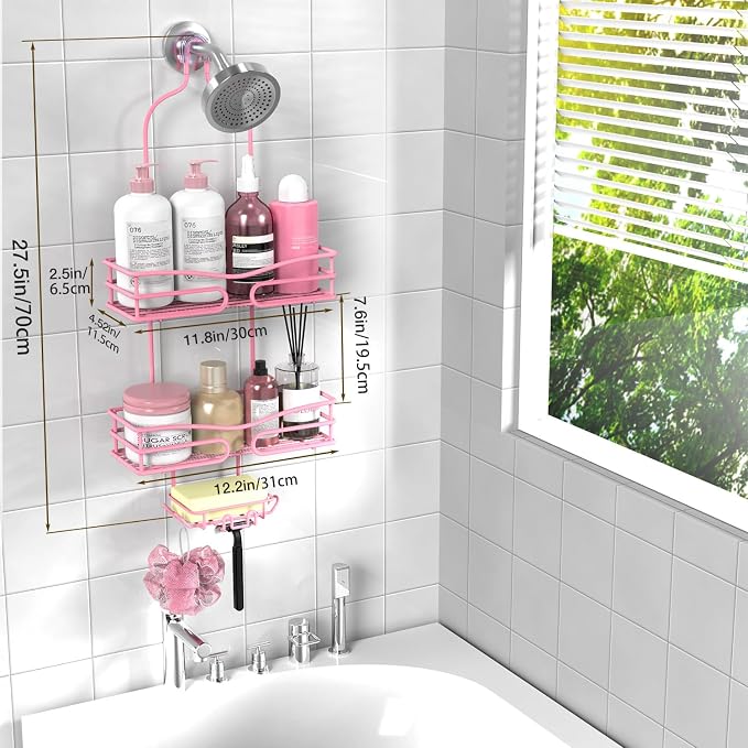 DAOYA Pink 3-Tier Over Head Shower Caddy with Soap Holder & 6 Hooks - Hanging Shower Caddy for Bathroom Organizer - Image 5