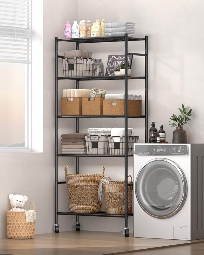 Sakugi Storage Shelves Organizer - 5 Tier Metal Shelf Organizer with Metal Wheels and Adjustable Leveling Feet, Heavy Duty Garage Shelving for Kitchen, Pantry and Closet, 33.1"x12.6"x73.5", Black - Image 9