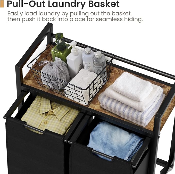 SwaaVee Laundry Hamper, Laundry Basket, Laundry Sorter with 2 Removable Bags, Clothes Basket with 2 Compartments, Wheels, Shelf for Laundry Room Bathroom Bedroom (2 Bags-Black) - Image 6