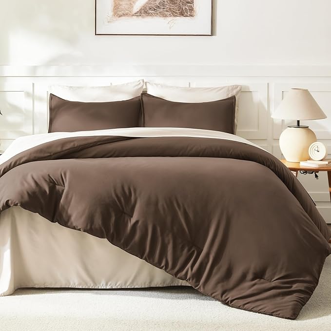 Litanika Brown Comforter Set California King Size, 3 Pieces Cal King Lightweight Solid Bedding Comforter Set, All Season Fluffy Bed Set (104x96In Comforter & 2 Pillowcases)