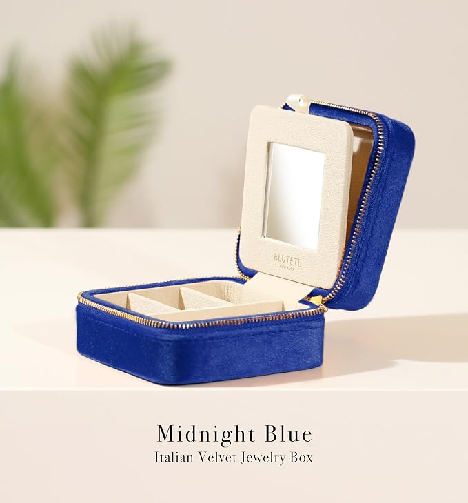 BLUTETE Travel Jewelry Box Organizer Velvet Travel Case With Mirror Ring Earrings Necklaces Storage Organizer Box (Midnight Blue) - Image 4