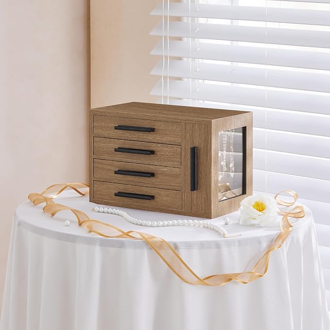HOOBRO Jewelry Box for Women, Wooden Jewelry Organizer with Transparent Window, 4-Layer Jewelry Organizer Box, Jewelry Holder Organizer for Earrings, Necklaces, Rings, Light Walnut and Black BSD09JB04 - Image 5