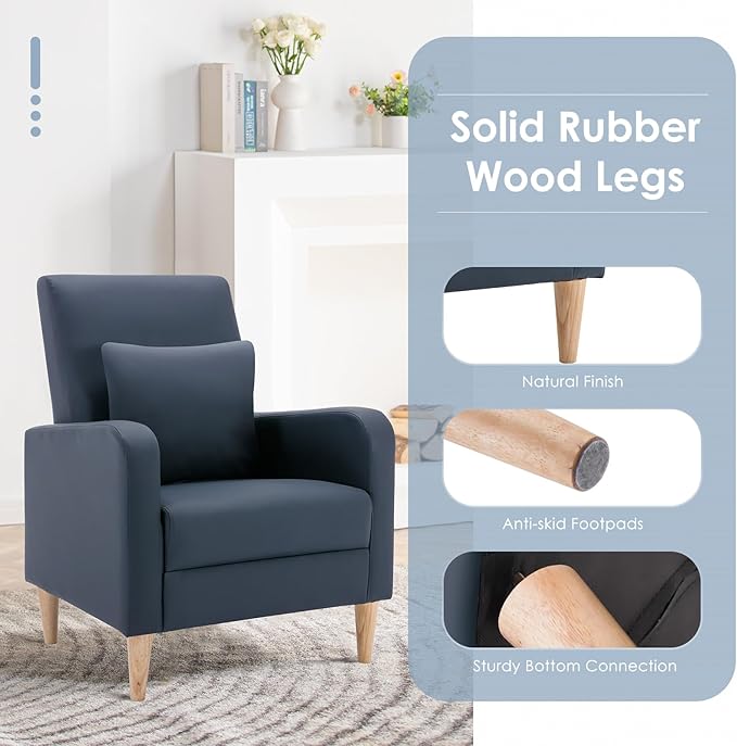 COLAMY Faux Leather Accent Living Room Chairs Set of 2, Upholstered Arm Chair Reading Side Chair, Single Sofa with Back Pillow and Wood Legs, L-Blue