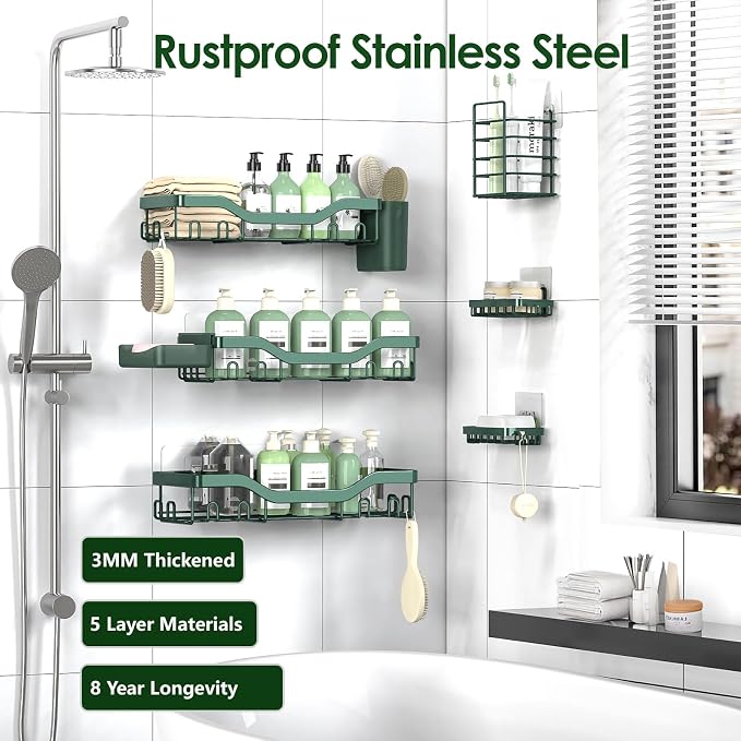 NESOMI Shower Caddy Adhesive Shower Organizer 8-Pack, Rustproof Stainless Steel Bathroom Shelves, Large Capacity No-Drill Rack Storage Accessories with Soap Dish Toothbrush Holder Hooks - Image 5