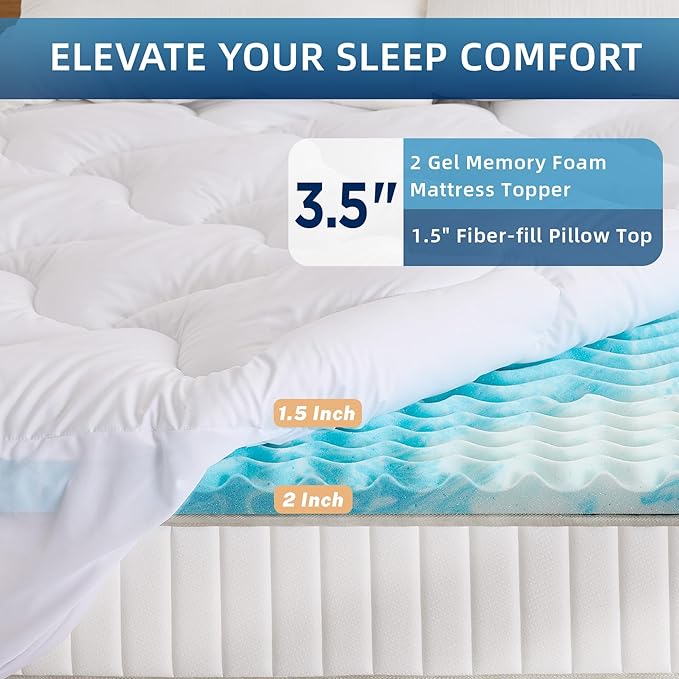 Dual Layer 3 Inch Memory Foam Mattress Topper Queen, 2 Inch Cooling 5-Zone Gel Memory Foam Plus 1 Inch Down Alternative Pillow Top Mattress Topper, with Deep Pocket, Support for Back Pain